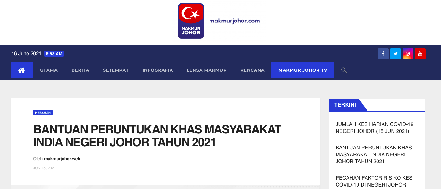 Permohonan Bantuan Peruntukan Khas Masyarakat India Negeri Johor Tahun 2021 Telah Dibuka. Tarikh Tutup 15 Julai 2021