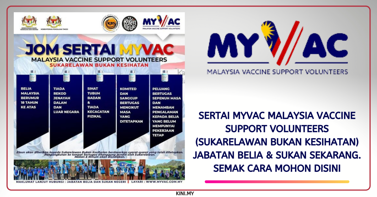 Sertai MyVac Malaysia Vaccine Support Volunteers (Sukarelawan Bukan Kesihatan) Jabatan Belia & Sukan Sekarang. Semak Cara Mohon Disini