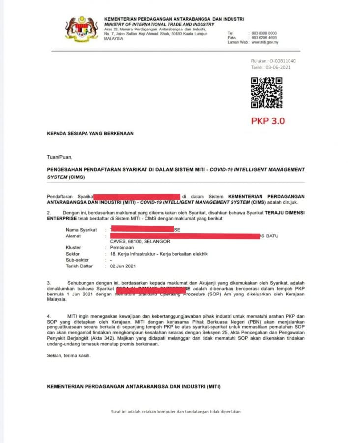 Surat MITI CIMS 3.0 Tarikh 1 Jun 2021 Boleh Dipakai Untuk Lanjutan PKP 3.0 Sehingga 28 Jun 2021. Tak Perlu Renew