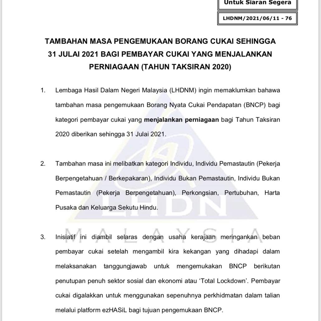 Tambahan Masa Pembayar Cukai Perniagaan Kategori Individu Kemukakan Borang Sehingga 31 Julai 2021 Ini