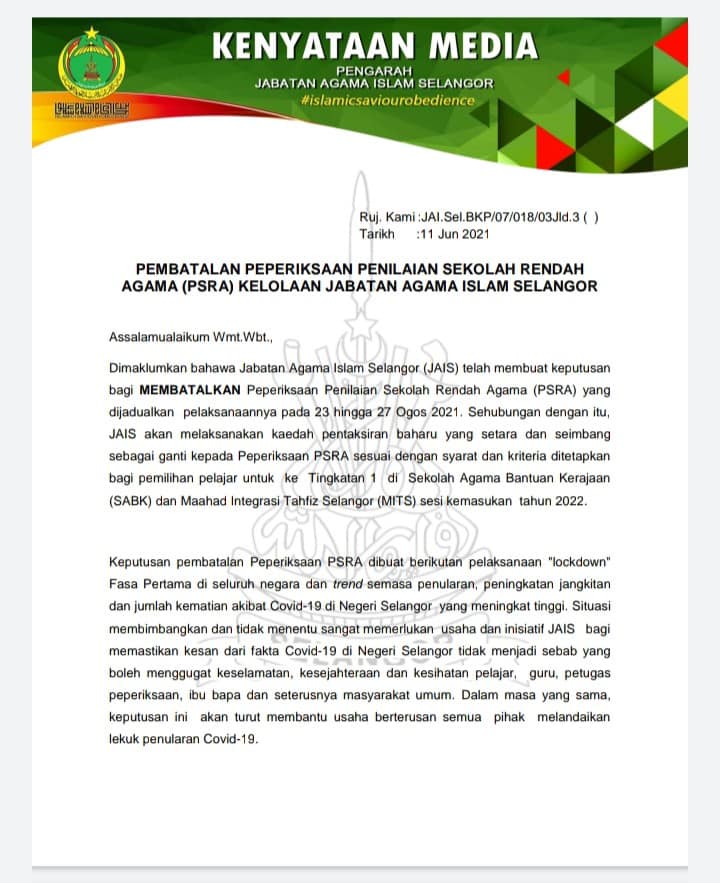 Terkini!Peperiksaan Penilaian Sekolah Rendah Agama (PSRA) Ogos Depan Dibatalkan
