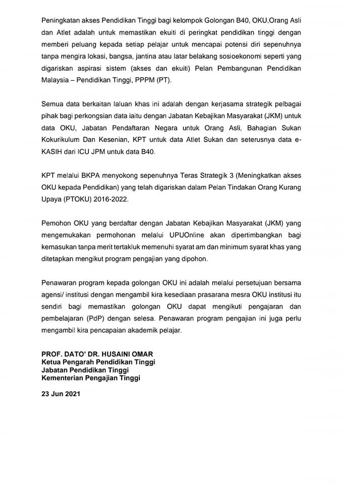 Pelajar OKU Tidak Dinafikan Peluang Ambil Kursus Dipohon Melalui UPUOnline. KPT Amal Dasar Inklusif OKU