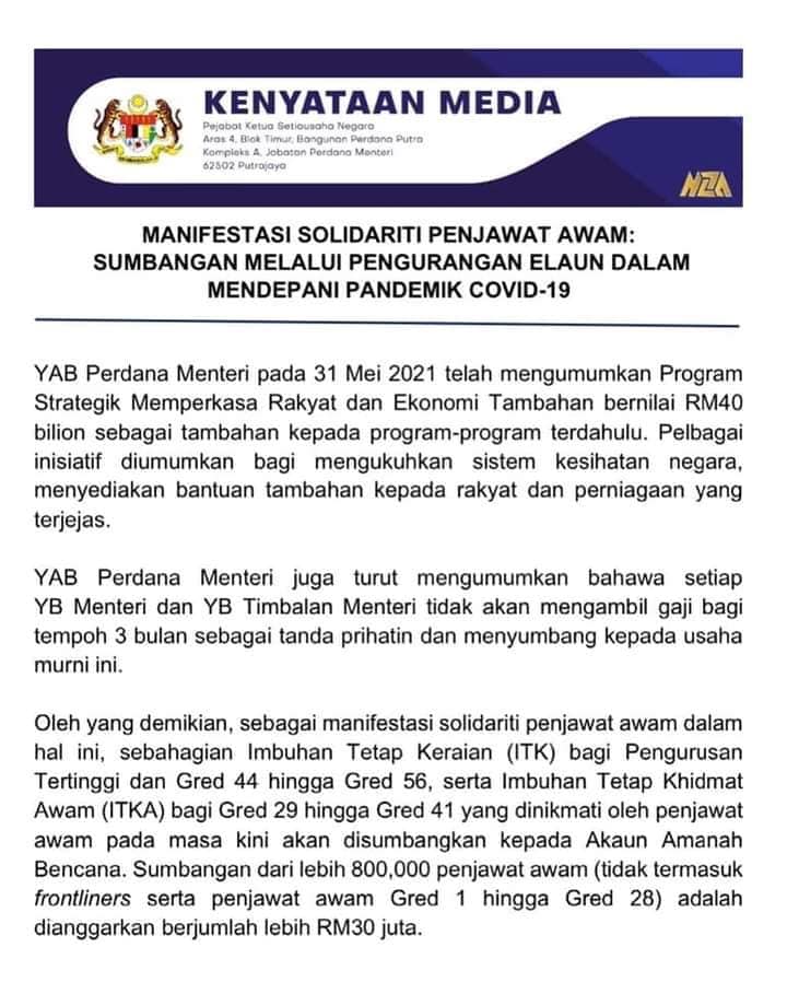 Elaun Penjawat Awam Dari Gred 29 Hingga Jusa A Akan Dipotong Selama 3 Bulan Ke Akaun Amanah Bencana