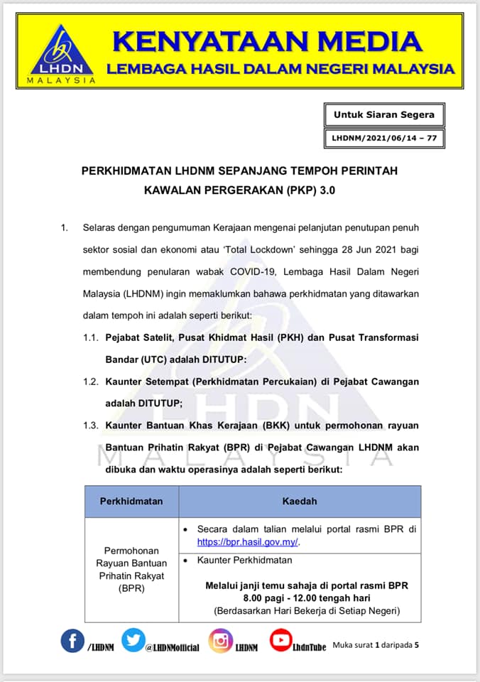 Kaunter Bantuan Khas Kerajaan (BKK) Dibuka Mulai 15 Jun 2021 Untuk Rayuan BPR. Buat Janji Temu Dahulu Ya!