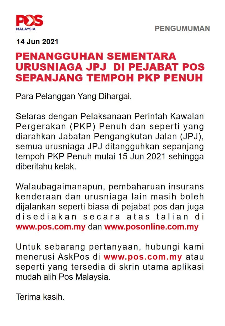 Urusniaga JPJ Di Pejabat Pos Ditangguhkan Sepanjang Tempoh PKP 3.0