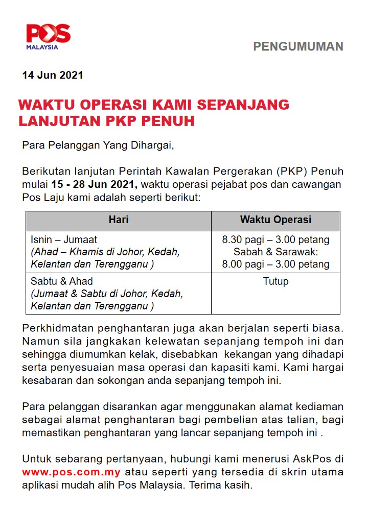 Urusniaga JPJ Di Pejabat Pos Ditangguhkan Sepanjang Tempoh PKP 3.0