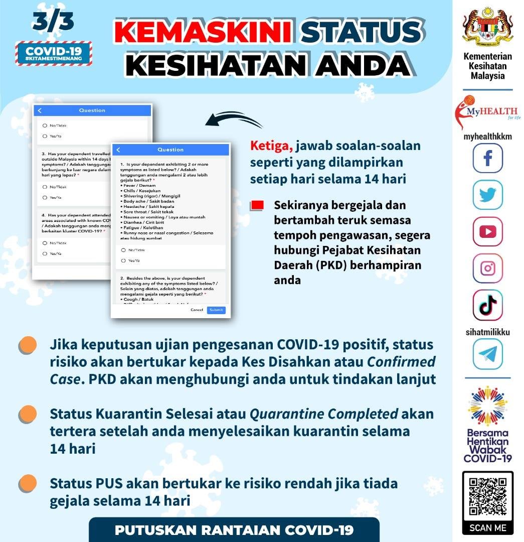 Individu Positif Covid-19, Perlu Kemaskini Status Kesihatan Anda Di MySejahtera Ya! Ini Caranya