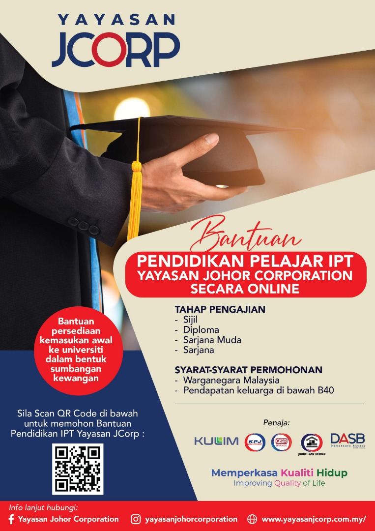 Bantuan Pendidikan Ke IPT Yayasan JCorp. Semak Syarat Kelayakan & Buat Permohonan Disini