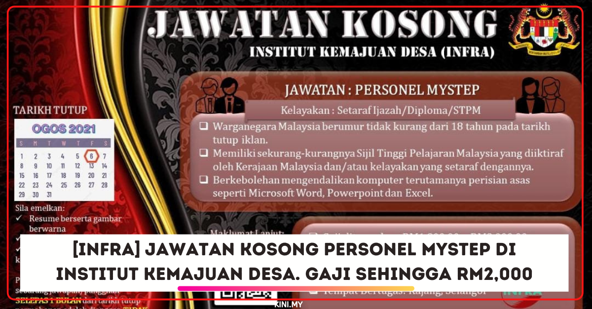 [INFRA] Jawatan Kosong Personel MyStep Di Institut Kemajuan Desa. Gaji Sehingga RM2,000