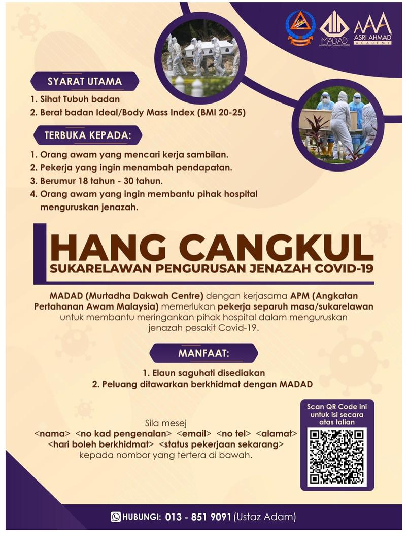 Cari Kerja Sambilan? Jom Mohon Jawatan Sebagai Sukarelawan Pengurusan Jenazah Covid-19, MADAD & APM