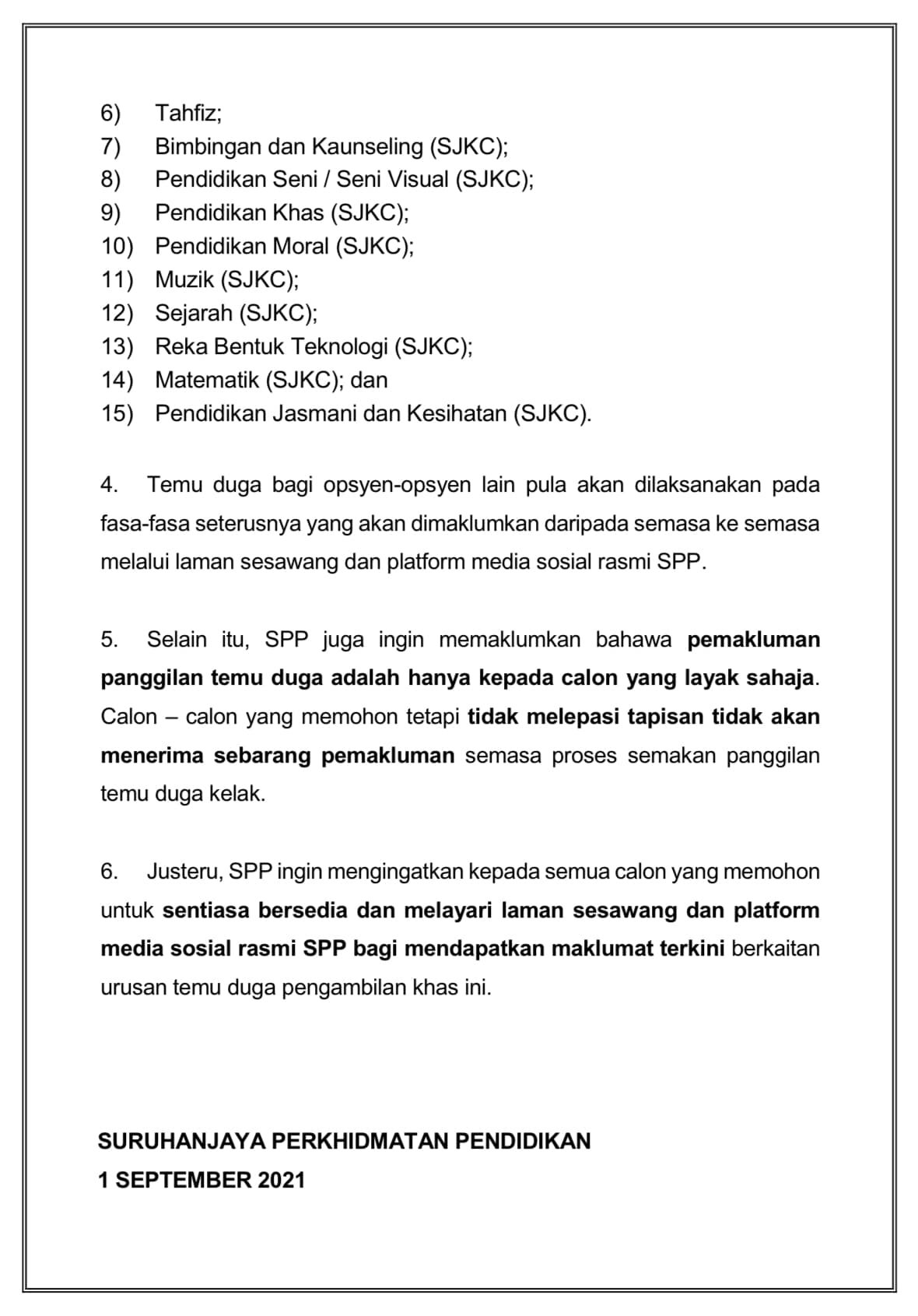 Temuduga Guru One-Off SPP Bermula 8 September Ini Mengikut Opsyen Secara Berfasa 