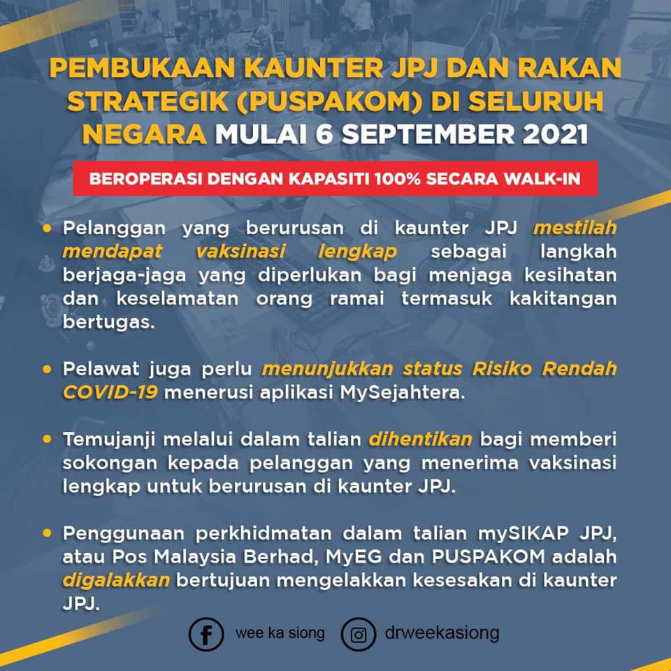 Dah Boleh Berurusan Di Kaunter JPJ & PUSPAKOM Secara Walk In Mulai 6 September Tanpa JanjiTemu. Tapi Ini Syaratnya