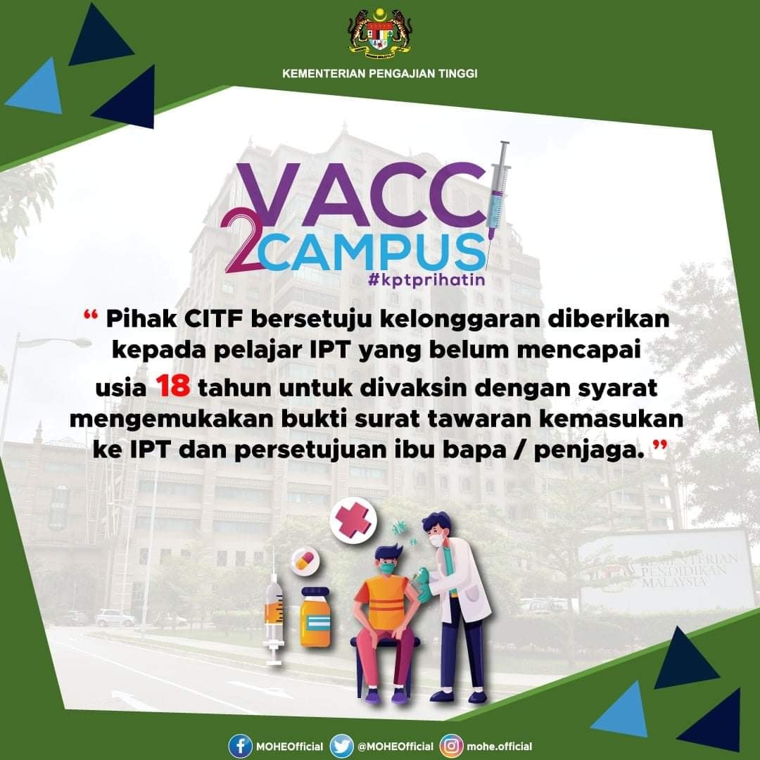 Vaksin Pelajar IPT Walk-In, Ini 5 Lokasi Pemberian Vaksin Di Lembah Klang