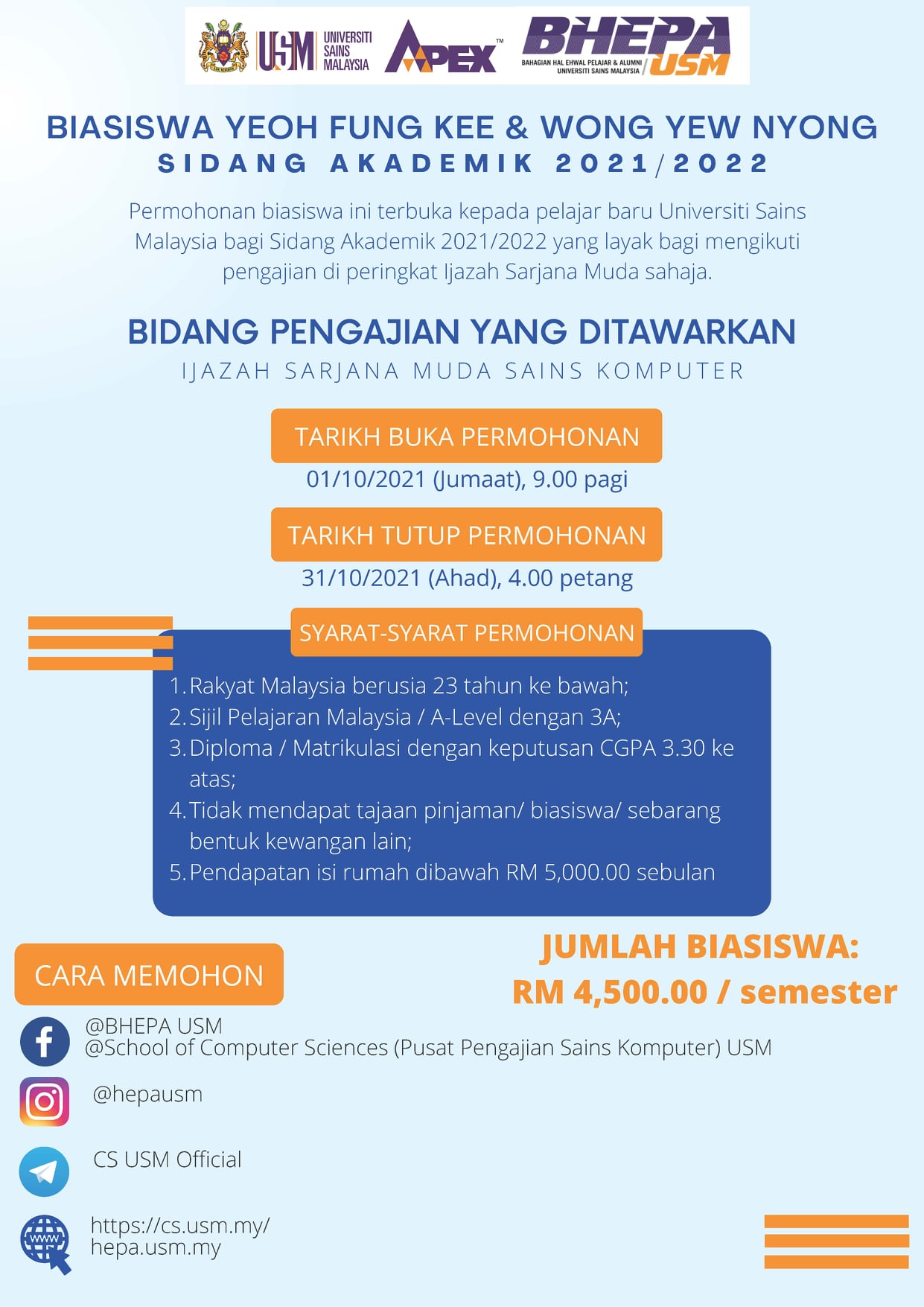 Biasiswa Yeoh Fung Kee & Wong Yew Nyong RM4,500 Semester. Ini Syarat Permohonan