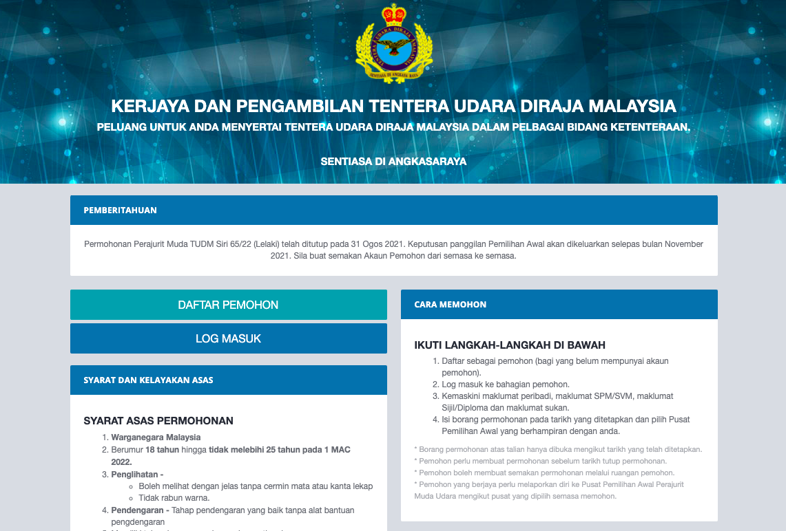 Langkah-Langkah Permohonan Tentera Udara Diraja Malaysia (TUDM) Siri 65/22 Wanita
