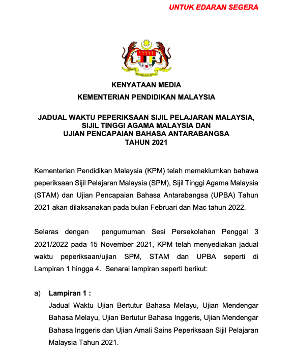 Jadual Lengkap Tarikh SPM, STAM, UPBA Sesi 2021/2022. Klik & Download Untuk Rujukan