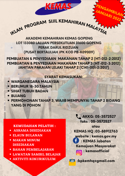 Permohonan Jurulatih Bagi Program Persijilan & Diploma Kemahiran Malaysia Pusat Bertauliah KEMAS Sesi Januari 2022
