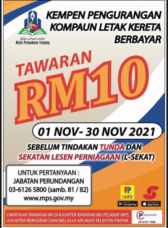 Diskaun RM10 Kompaun Letak Kereta Berbayar, Majlis Perbandaran Selayang Sepanjangh November. Setelkan Segera!