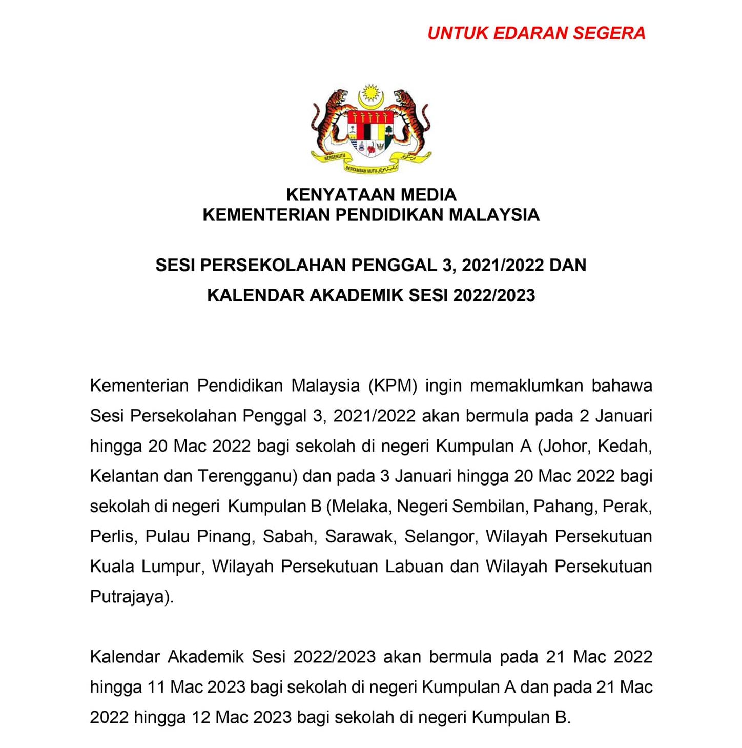 Perhatian Ibu Bapa! KPM Dah Keluarkan Kalender Akademik Sesi 2022/2023 & Sesi Persekolahan Penggal 3