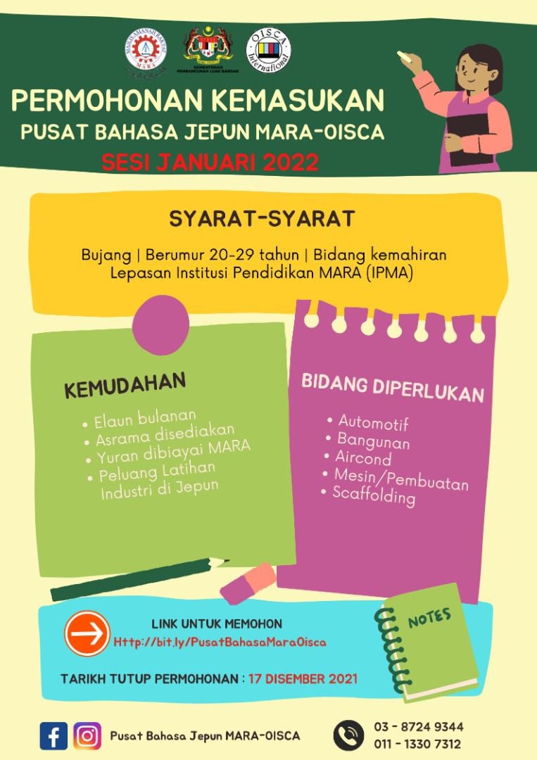 Cara Mohon Masuk Ke Pusat Bahasa Jepun MARA-OISCA Sesi Januari 2022, Yuran & Penginapan Percuma!