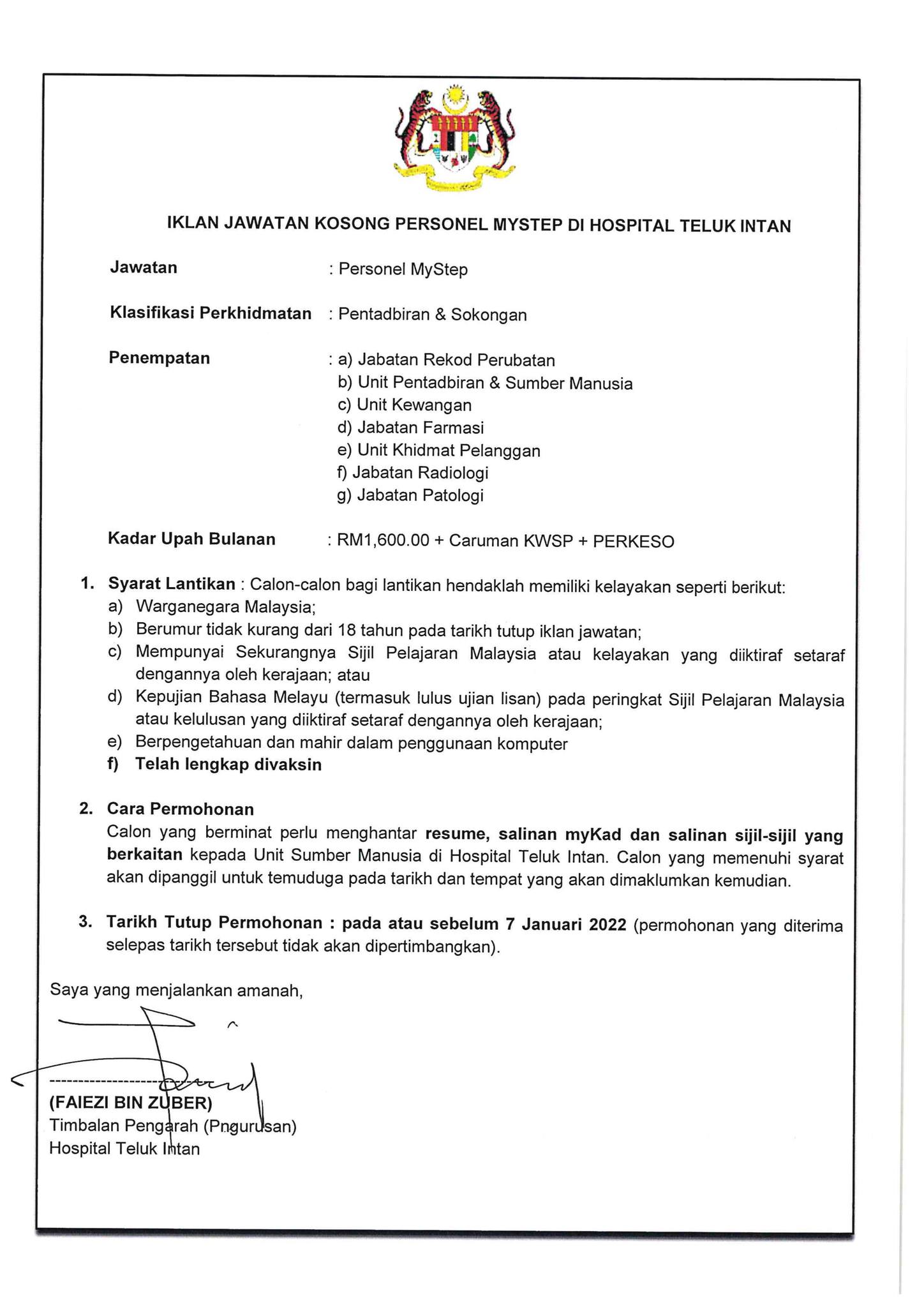 Cara Mohon Jawatan Personel MySTEP Hospital Teluk Intan, 4 Jawatan Menarik Menanti Anda. Gaji Lumayan!