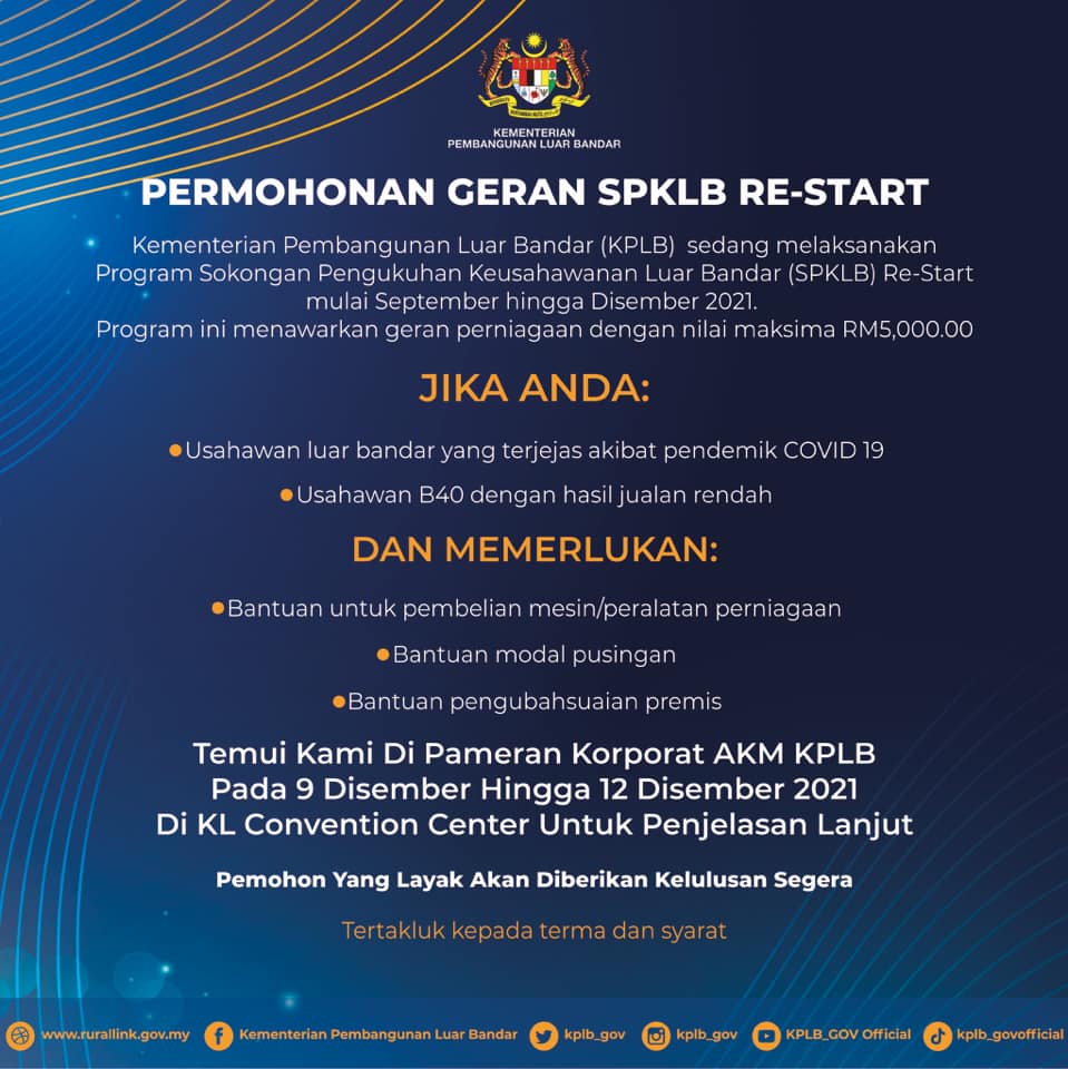 Cara Mohon Program Sokongan Pengukuhan Keusahawanan Luar Bandar (SPKLB) Re-Start, Geran Sehingga RM5,000