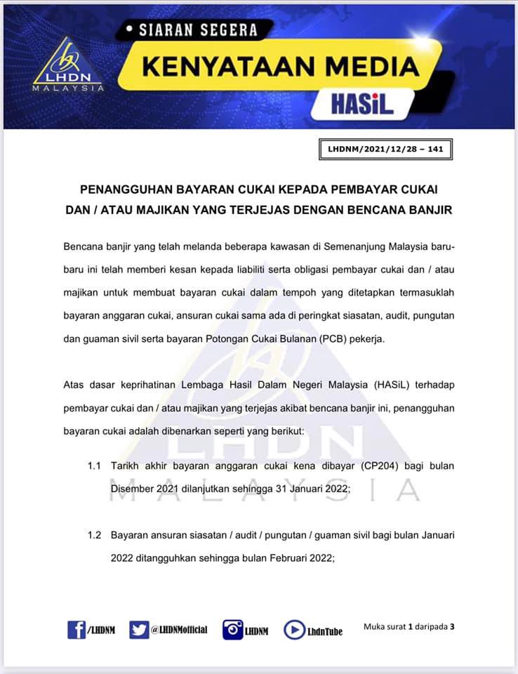 Cara Mohon Penangguhan Bayaran Cukai Pembayar Cukai/Majikan Terjejas Banjir. Ini 4 Kategori Penangguhan Yang Ditetapkan