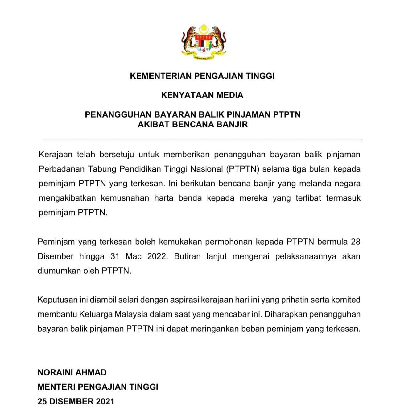 Penangguhan Bayaran Balik Pinjaman PTPTN Akibat Bencana Banjir Selama 3 Bulan