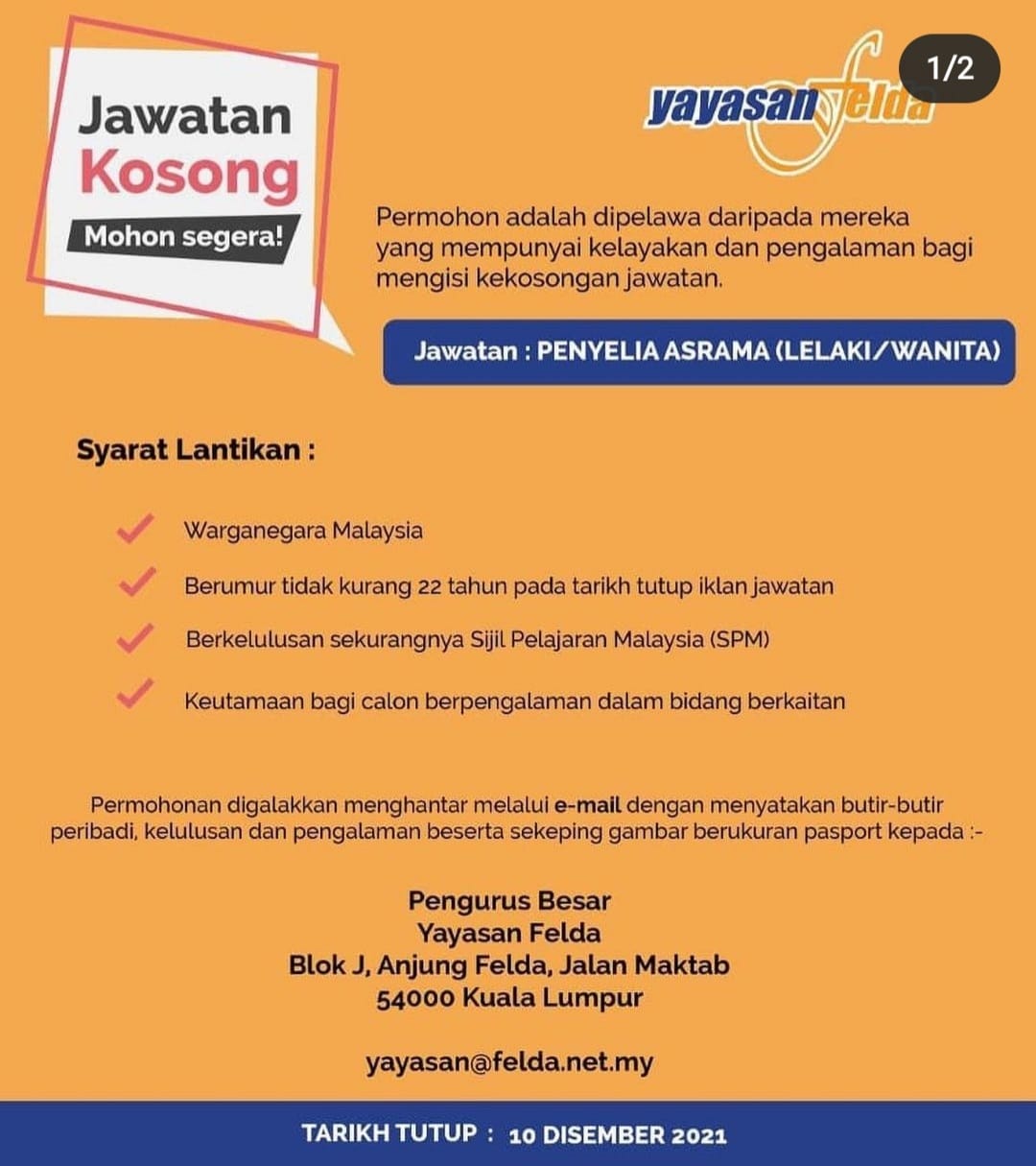 Jawatan Sebagai Juruteknik, Jurutera & Penyelia Asrama Di Yayasan Felda. Klik Sini & Mohon