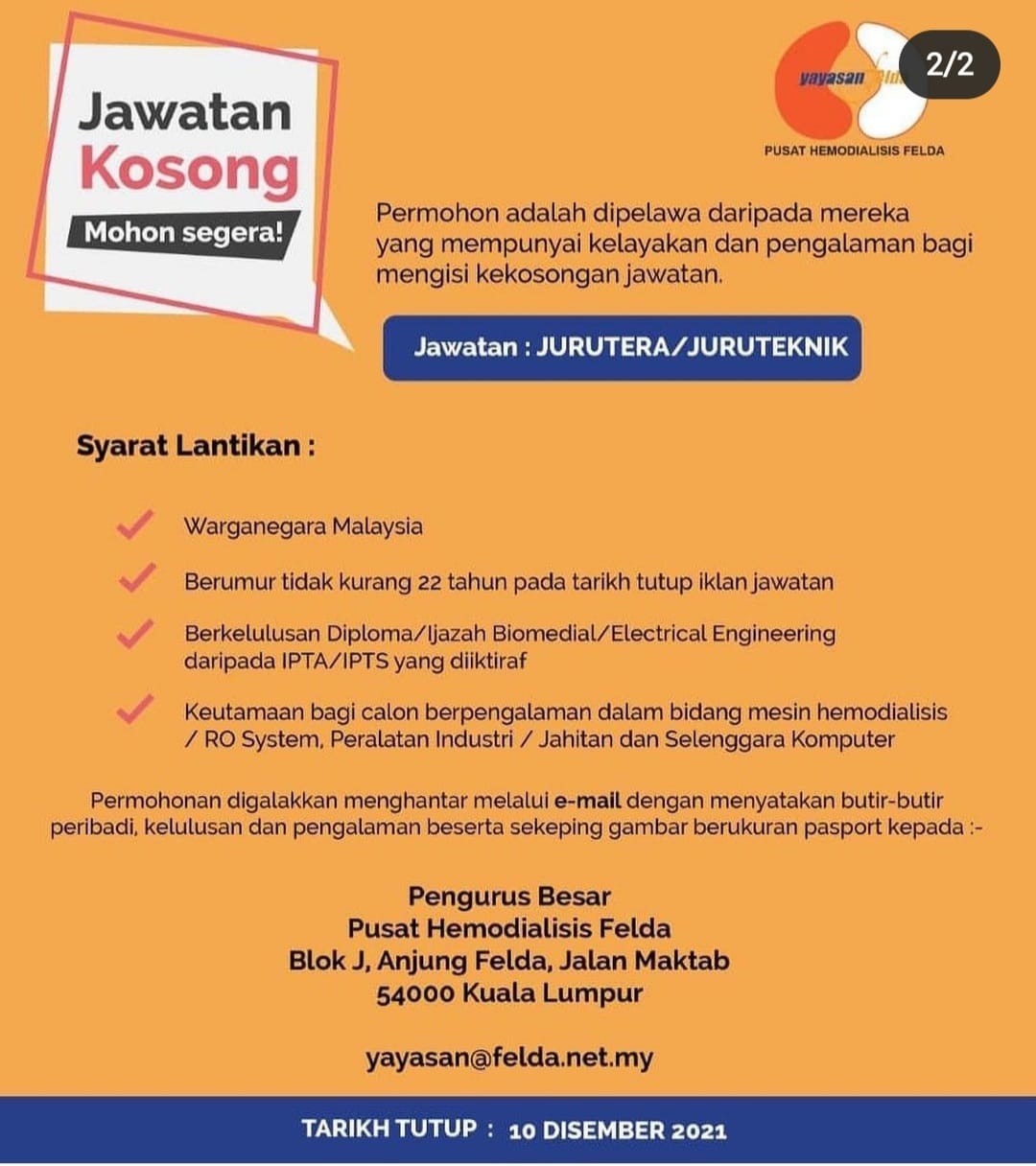 Jawatan Sebagai Juruteknik, Jurutera & Penyelia Asrama Di Yayasan Felda. Klik Sini & Mohon
