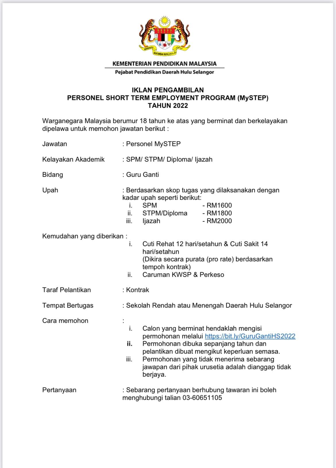Cara Mohon Pengambilan Guru Ganti Personel MySTEP PPD Hulu Selangor Tahun 2022
