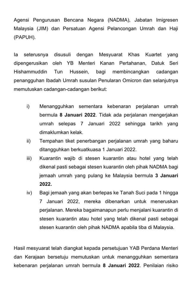 Ibadah Umrah Ditangguhkan Susulan Penularan Omicron, Dapatkan Info Lengkap Disini