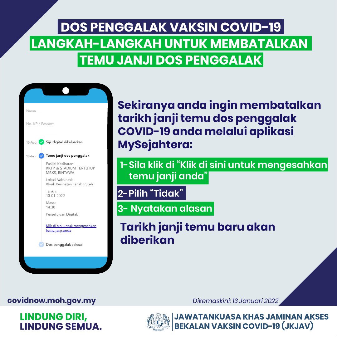 Terpaksa Batalkan Temujanji Dos Penggalak? Ini Cara Membatalkan Temujanji Guna MySejahtera