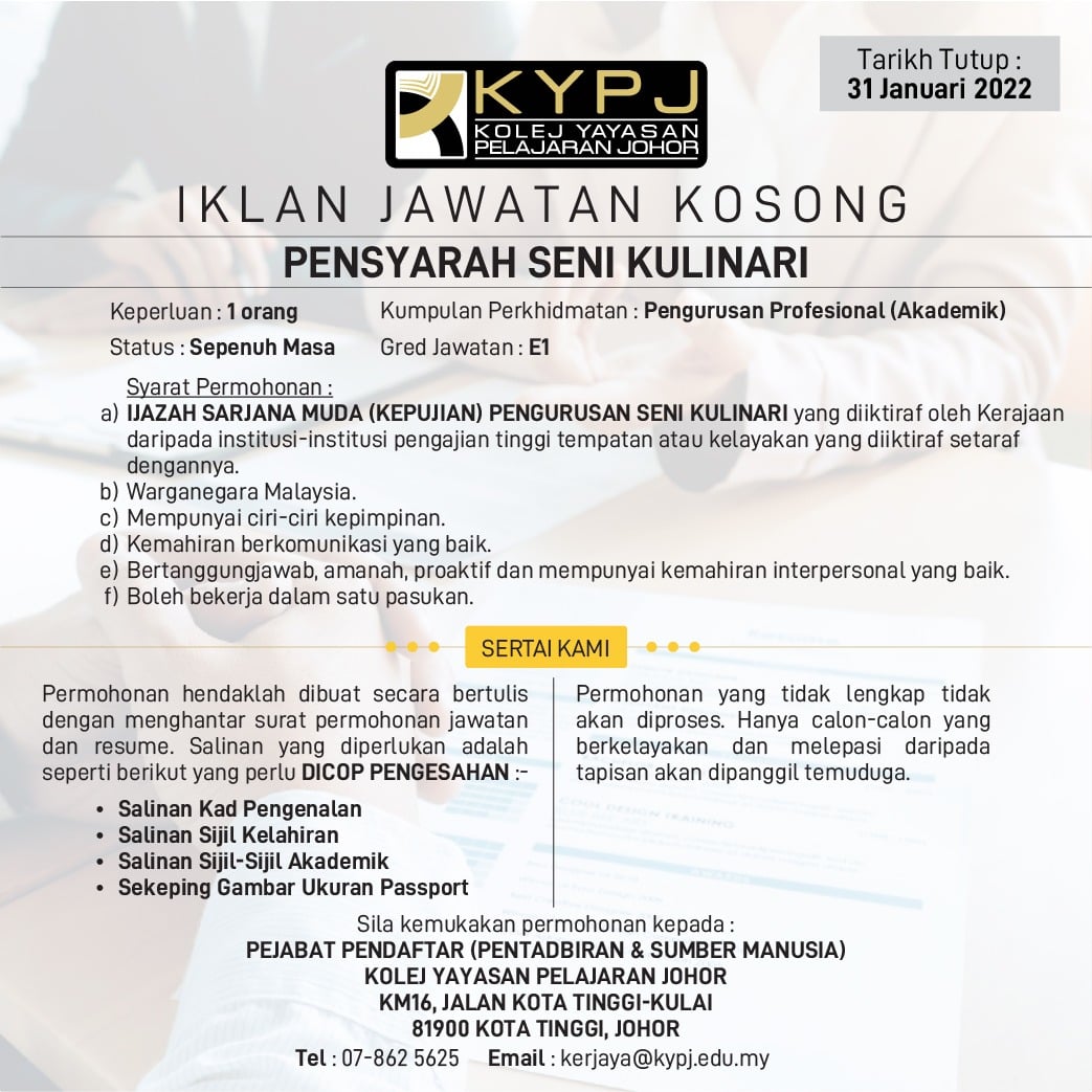 3 Jawatan Kosong Di Kolej Yayasan Pelajaran Johor, Semak Syarat Kelayakan Disini