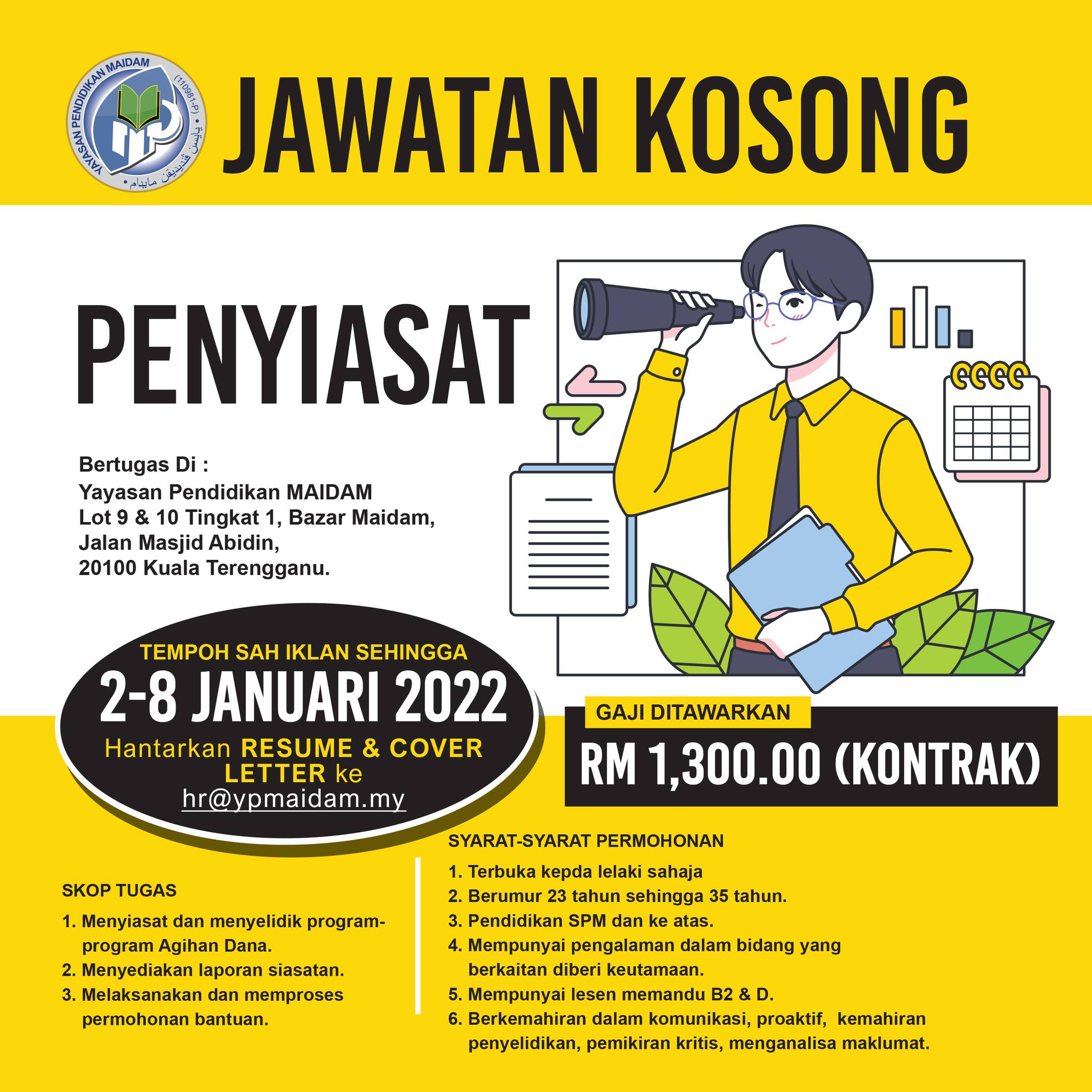 Nak Jadi Penyiasat? Mohon Jawatan Sebagai Penyiasat Di Yayasan Pendidikan MAIDAM
