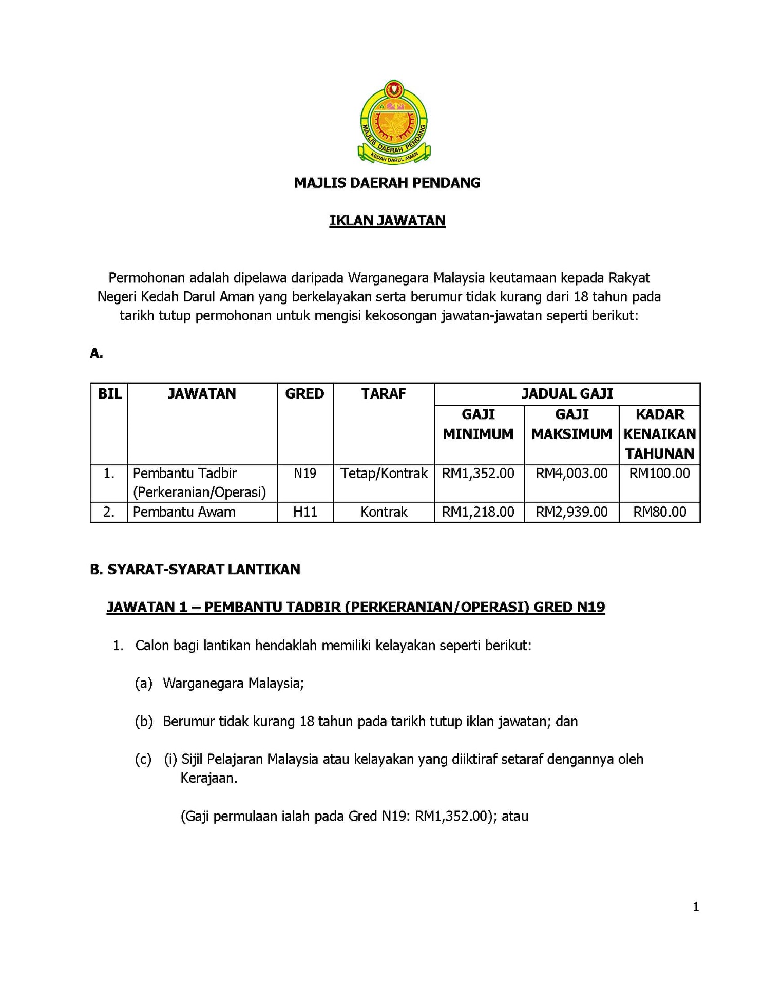 Jawatan Kosong Majlis Daerah Pendang, Kelayakan SPM & Setaraf. Klik Sini Untuk Permohonan 