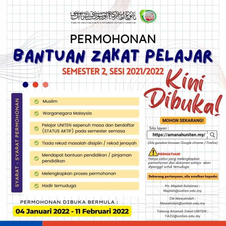 Bantuan Zakat UNITEN 2022 Untuk Pelajar Sepenuh Masa Semester 2 Sesi 2021/2022