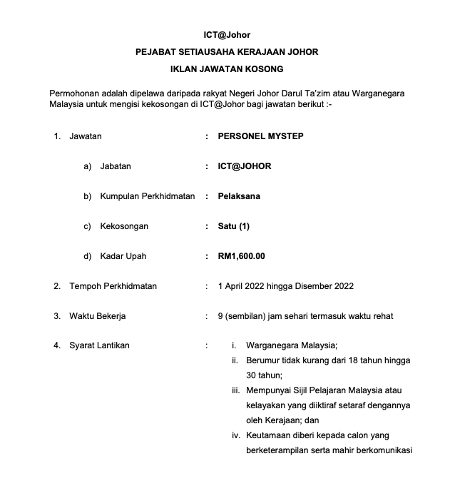 Warga Johor Lepasan SPM, Mohon Jawatan Personel MySTEP Disini